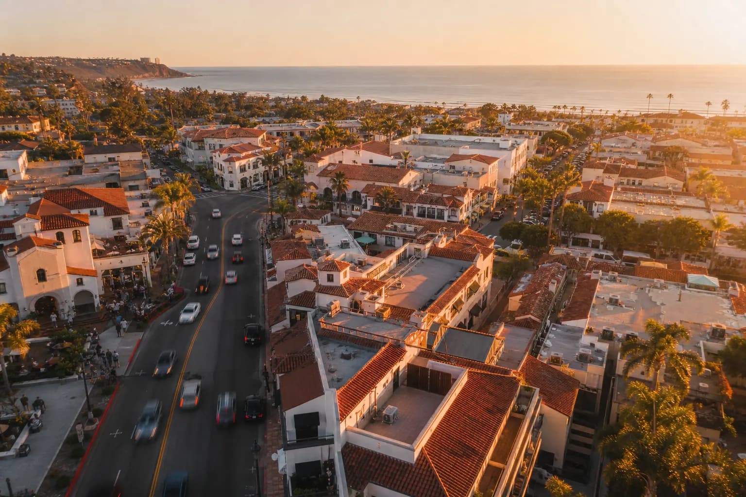 Aerial view of Poway restaurant district at golden hour