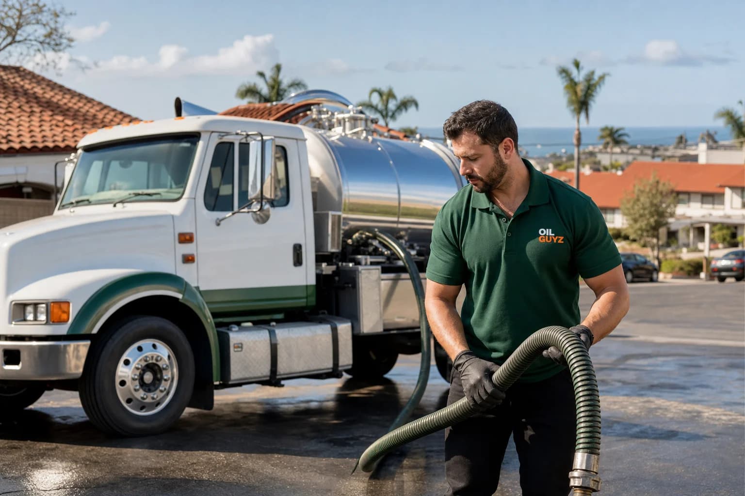 Free used cooking oil pickup at a Poway restaurant — unbranded white pump truck with hunter-green Oil Guyz technician
