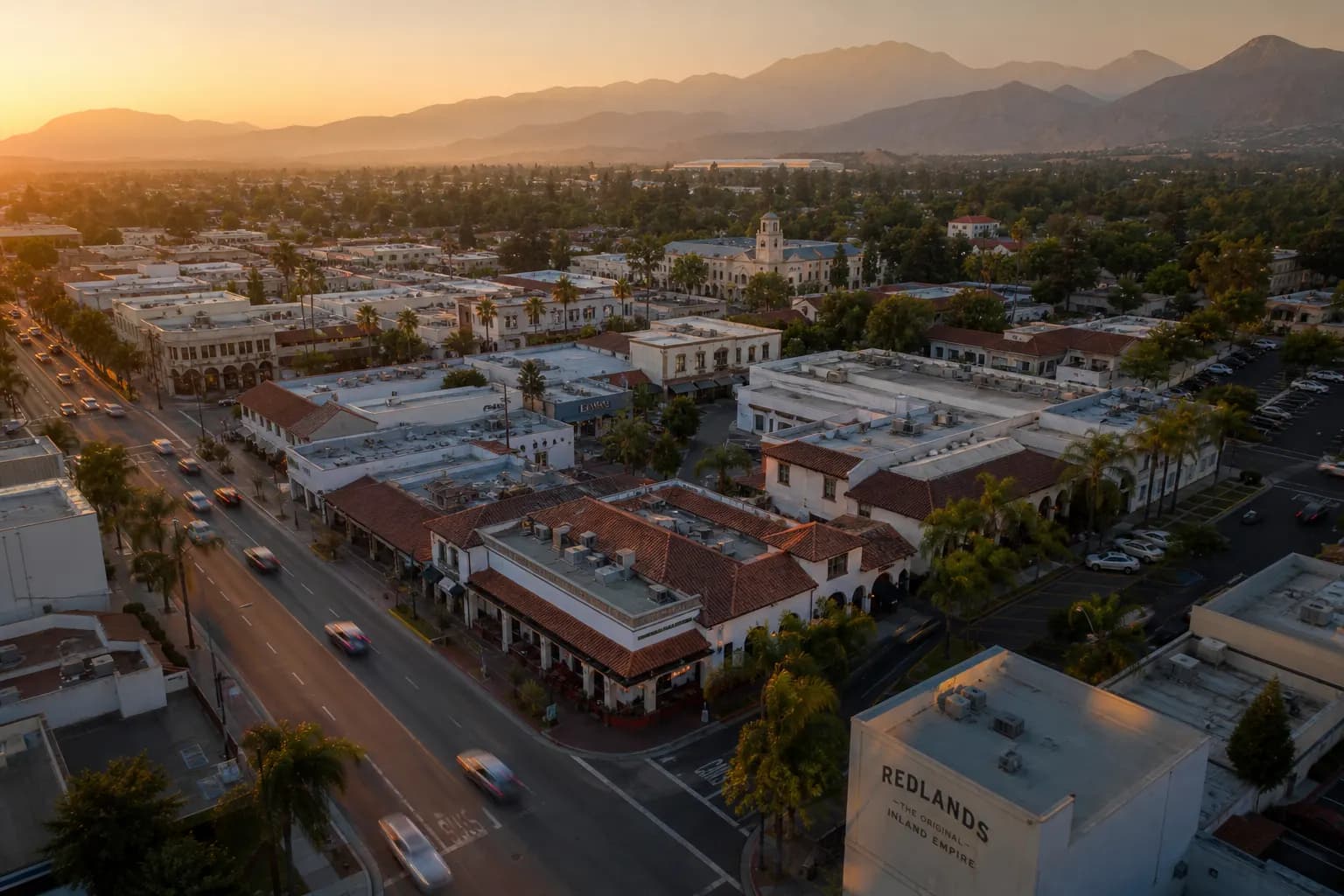 Aerial view of Redlands restaurant district at golden hour