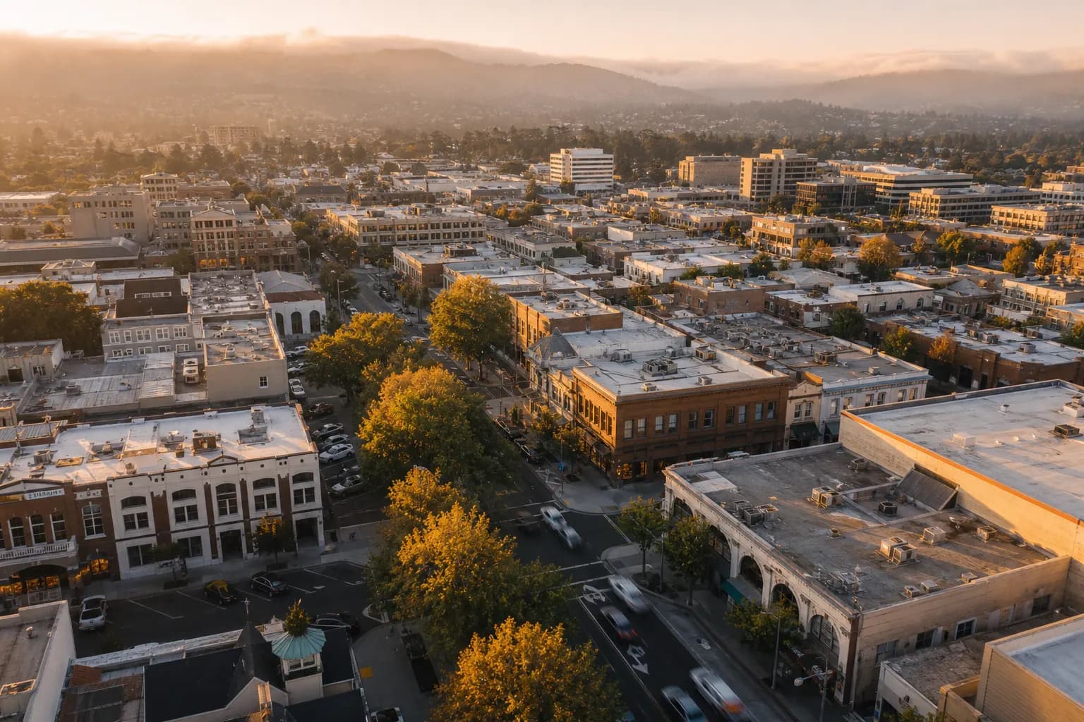 Aerial view of Redwood City restaurant district at golden hour