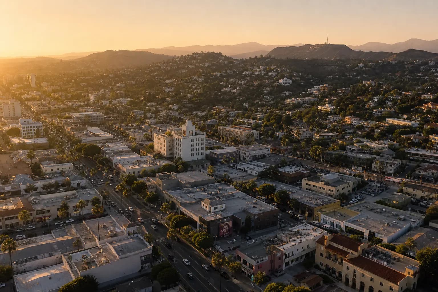Aerial view of Rolling Hills Estates restaurant district at golden hour