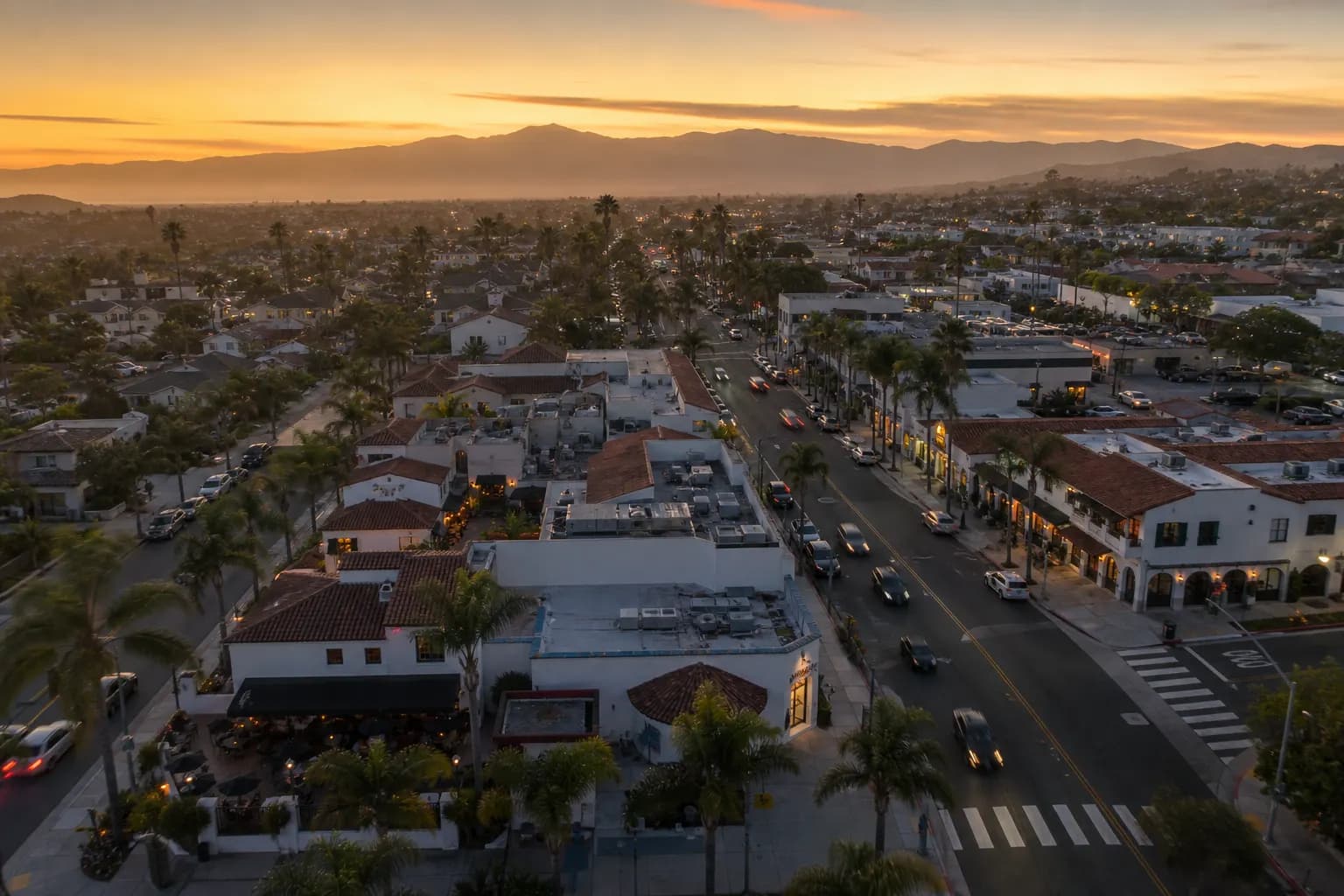 Aerial view of San Clemente restaurant district at golden hour