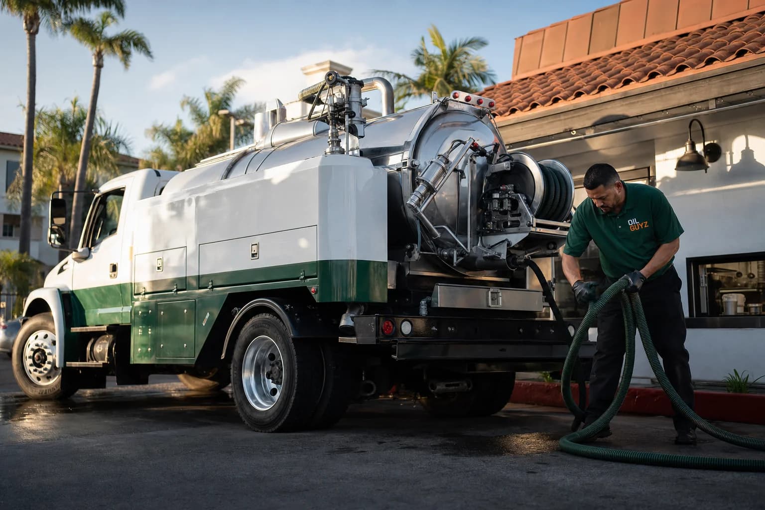 Free used cooking oil pickup at a San Clemente restaurant — unbranded white pump truck with hunter-green Oil Guyz technician