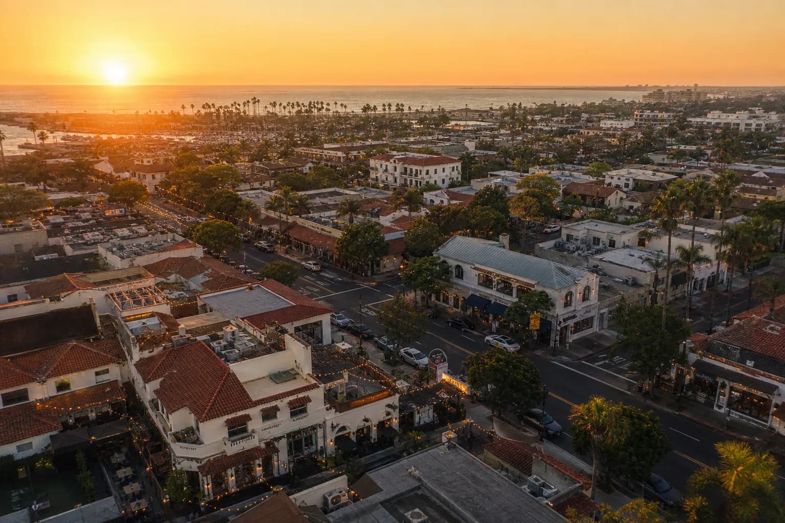 Aerial view of San Diego restaurant district at golden hour
