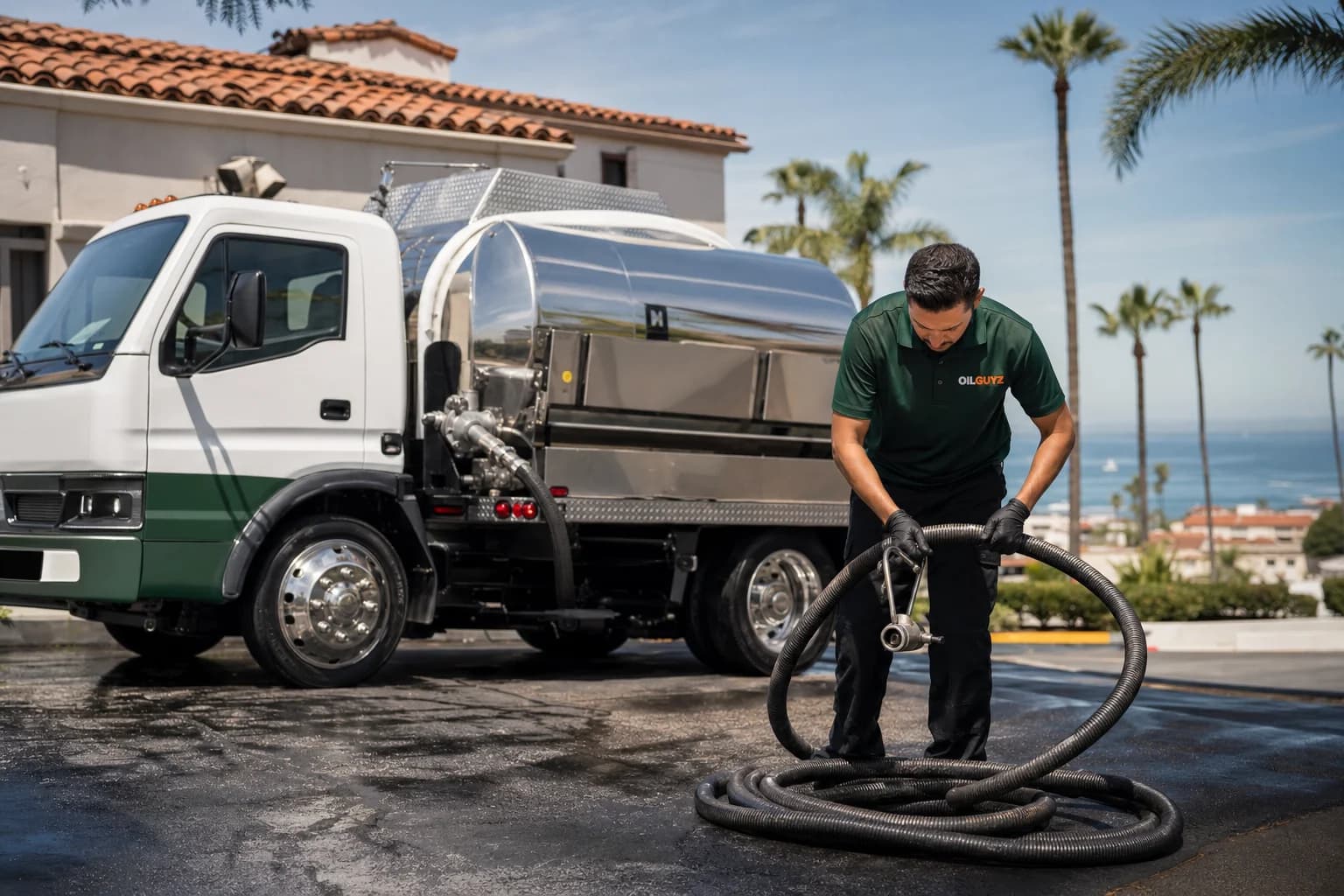 Free used cooking oil pickup at a San Diego restaurant — unbranded white pump truck with hunter-green Oil Guyz technician