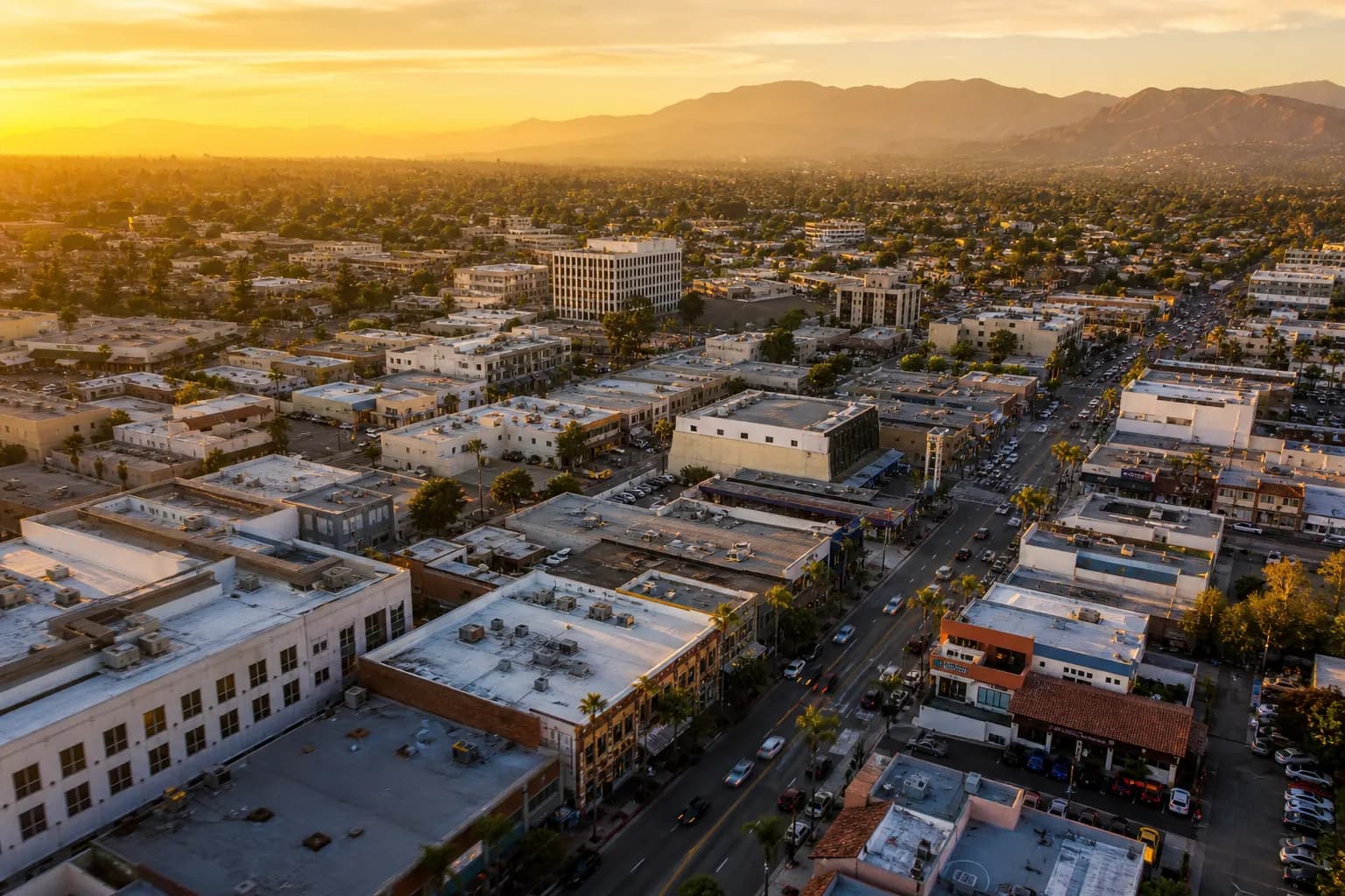 Aerial view of San Fernando restaurant district at golden hour