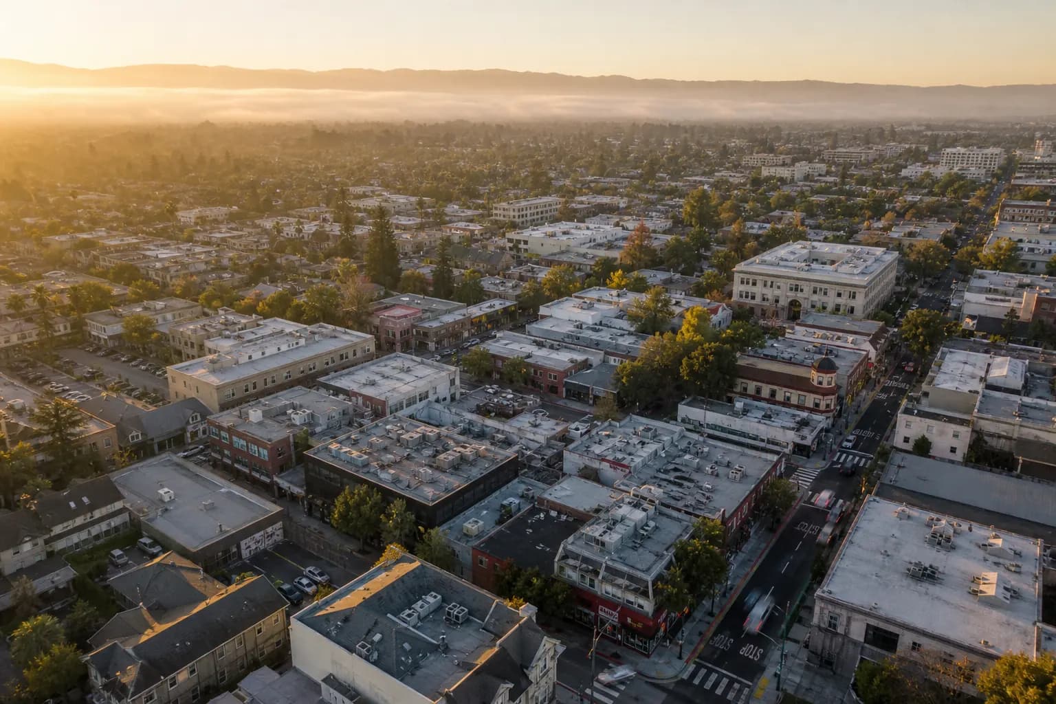 Aerial view of San Jose restaurant district at golden hour