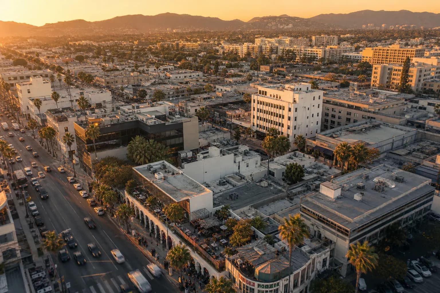 Aerial view of Santa Monica restaurant district at golden hour