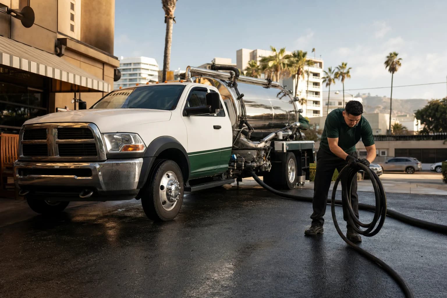 Free used cooking oil pickup at a Santa Monica restaurant — unbranded white pump truck with hunter-green Oil Guyz technician