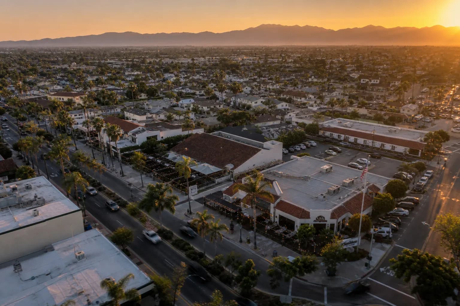 Aerial view of Seal Beach restaurant district at golden hour