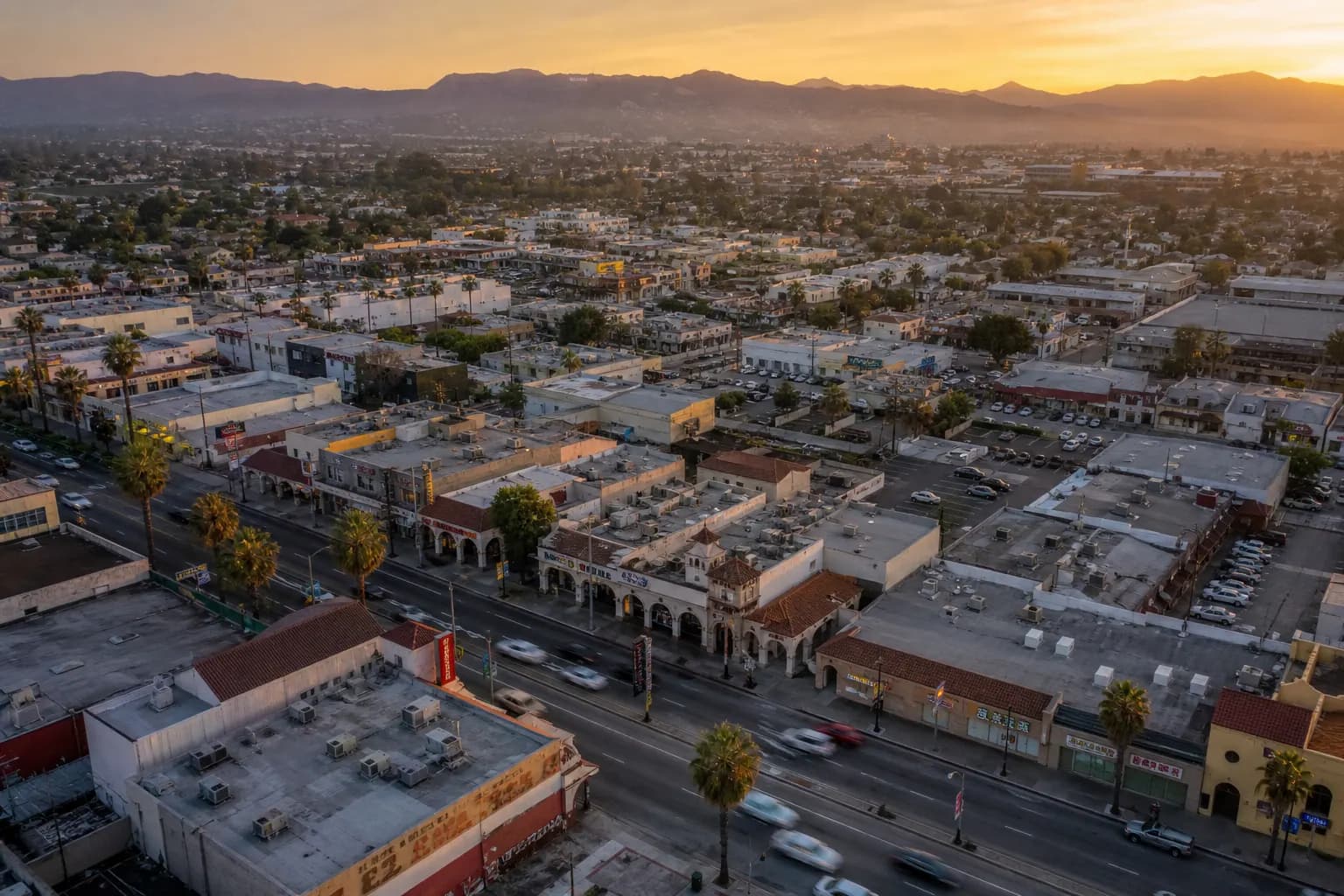 Aerial view of South El Monte restaurant district at golden hour