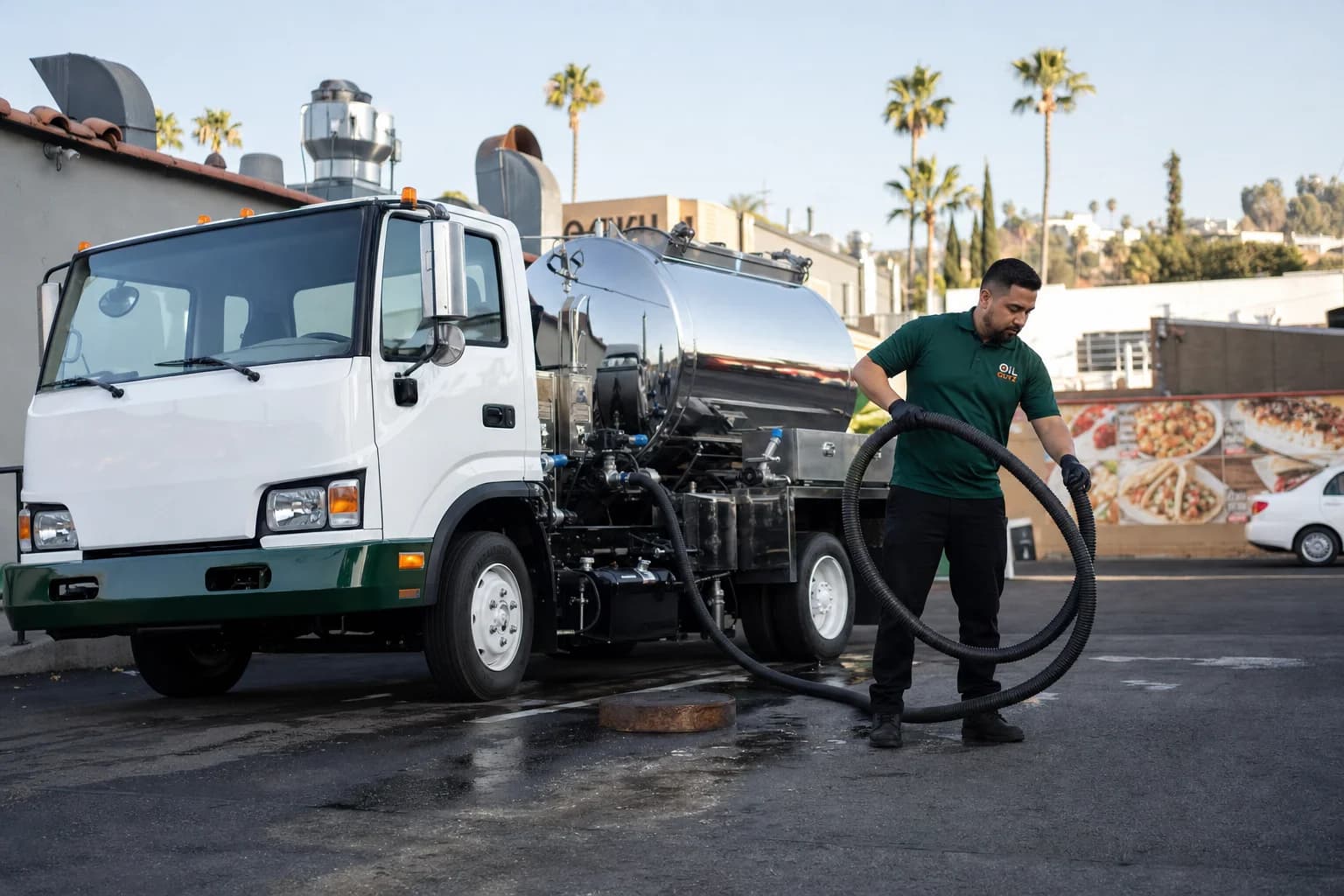 Free used cooking oil pickup at a South El Monte restaurant — unbranded white pump truck with hunter-green Oil Guyz technician