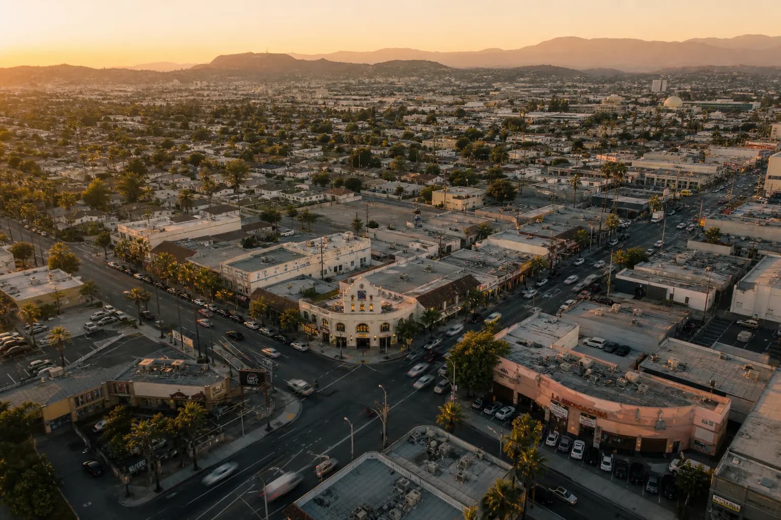 Aerial view of South Gate restaurant district at golden hour