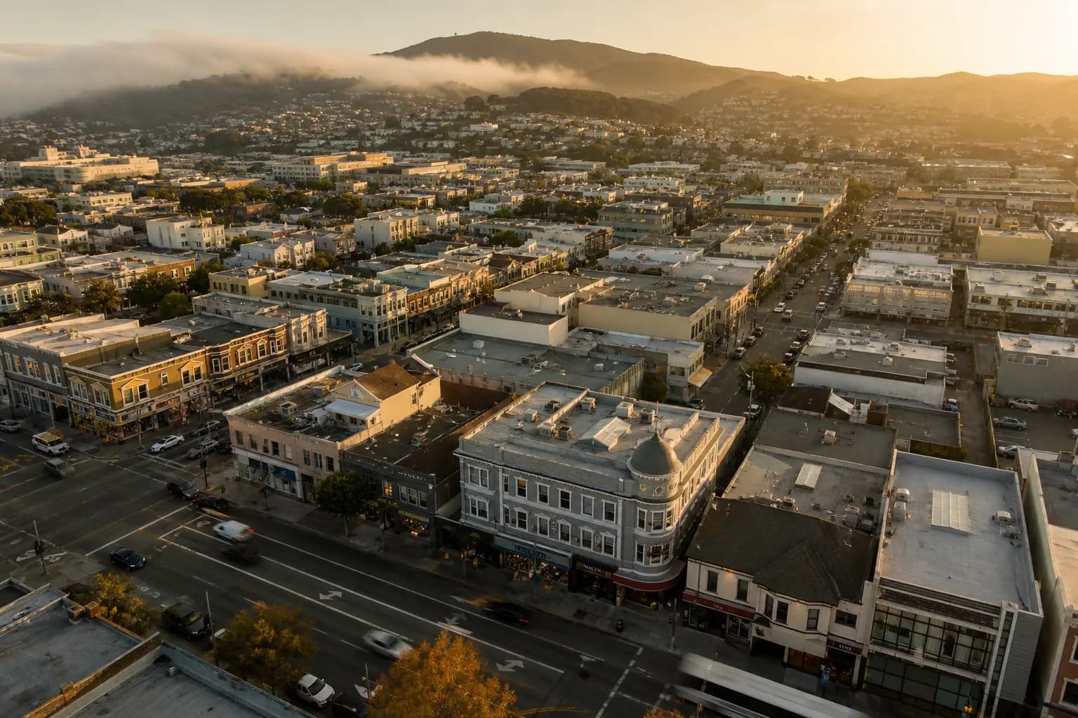 Aerial view of South San Francisco restaurant district at golden hour