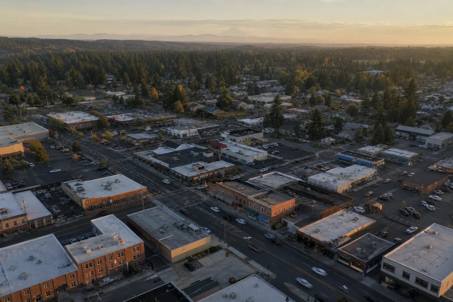 Aerial view of Spanaway restaurant district at golden hour