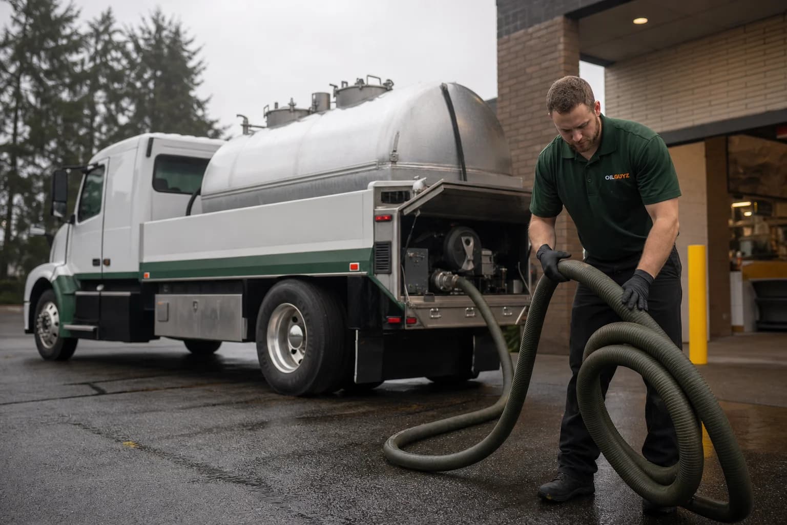 Free used cooking oil pickup at a Spanaway restaurant — unbranded white pump truck with hunter-green Oil Guyz technician