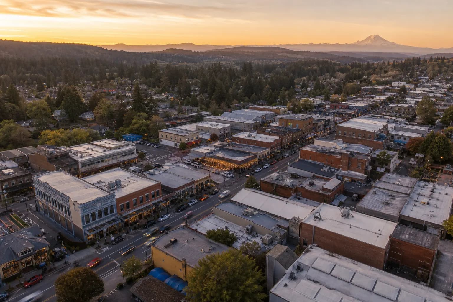 Aerial view of Sumner restaurant district at golden hour