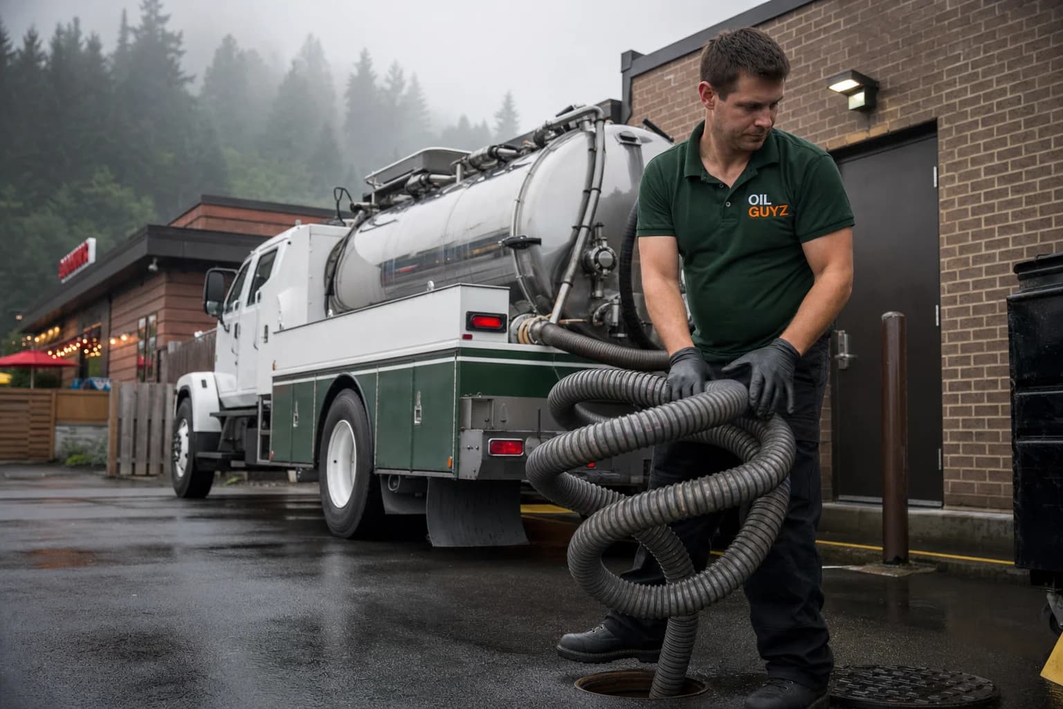 Free used cooking oil pickup at a Sumner restaurant — unbranded white pump truck with hunter-green Oil Guyz technician