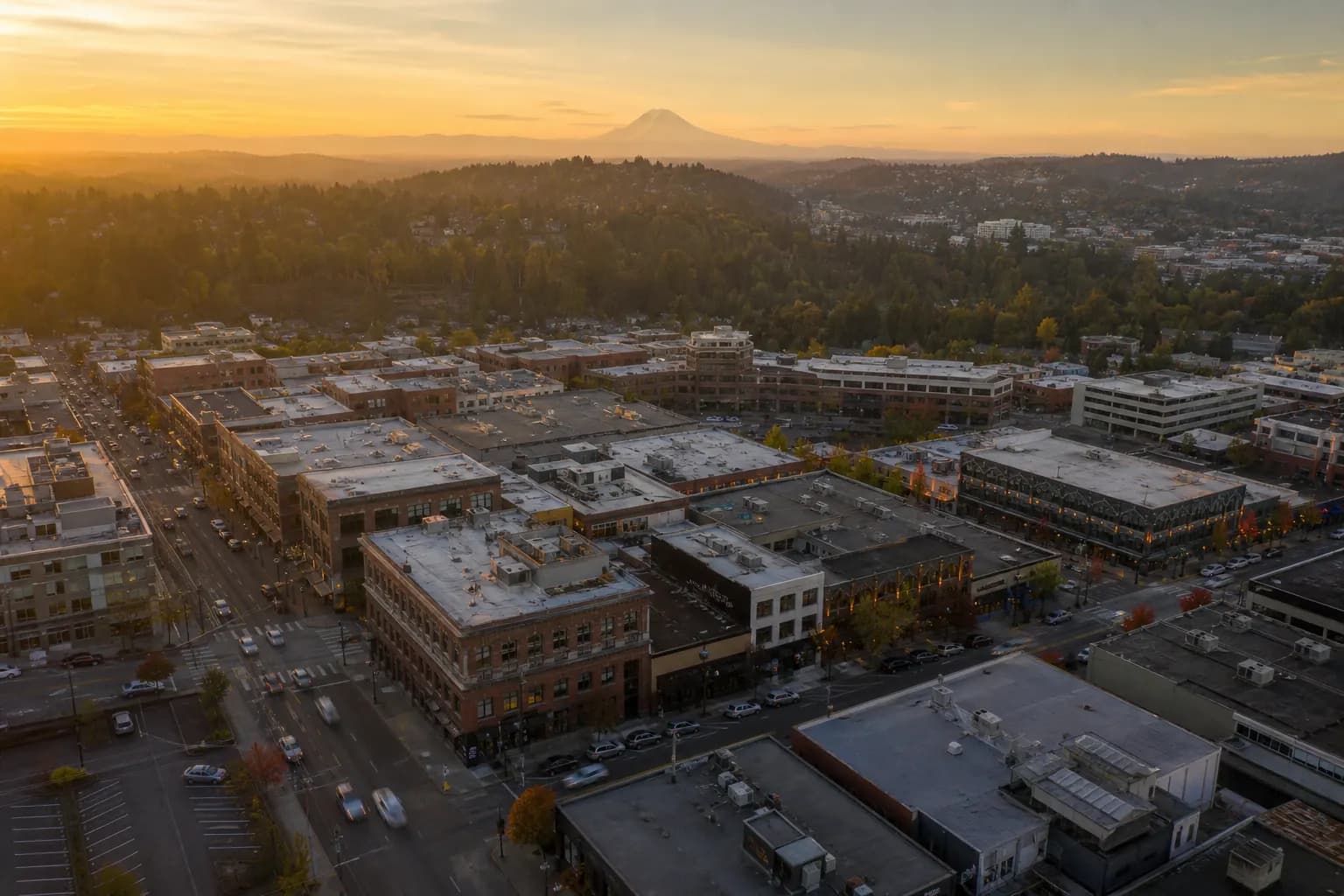 Aerial view of Tacoma restaurant district at golden hour