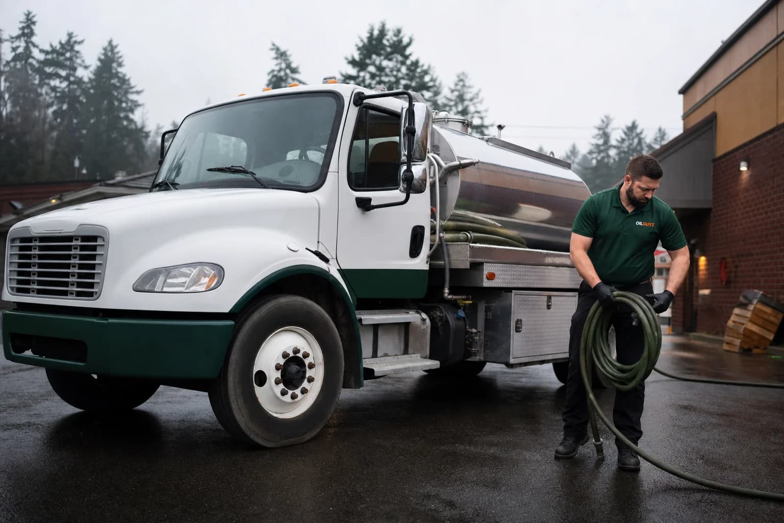 Free used cooking oil pickup at a Tacoma restaurant — unbranded white pump truck with hunter-green Oil Guyz technician
