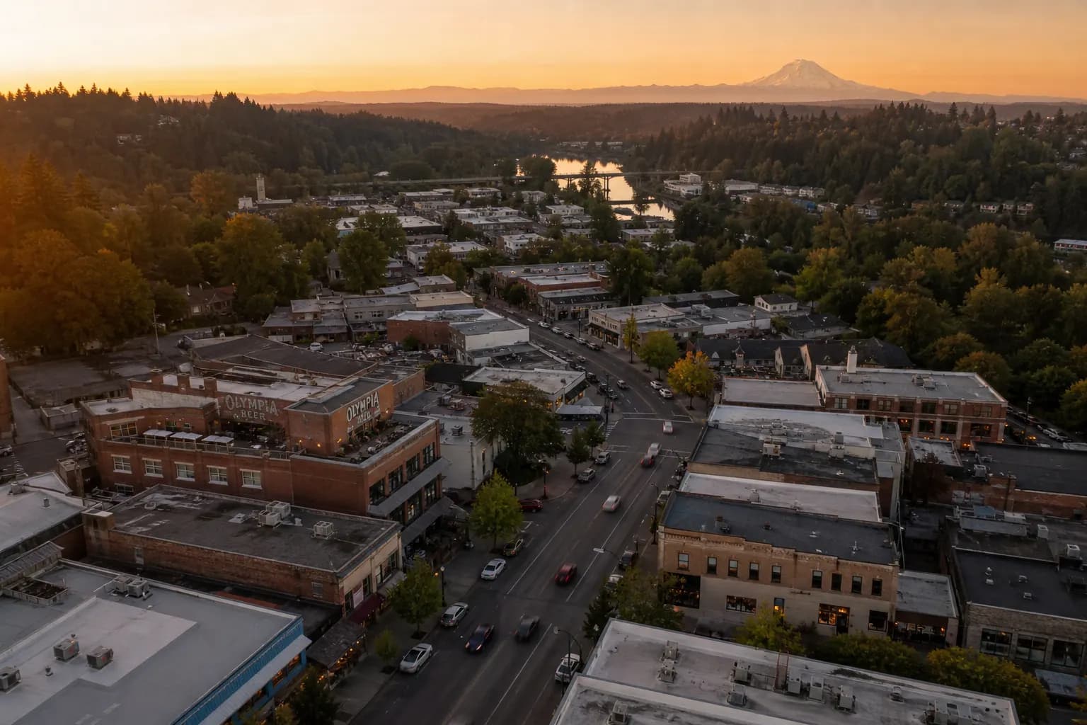 Aerial view of Tumwater restaurant district at golden hour