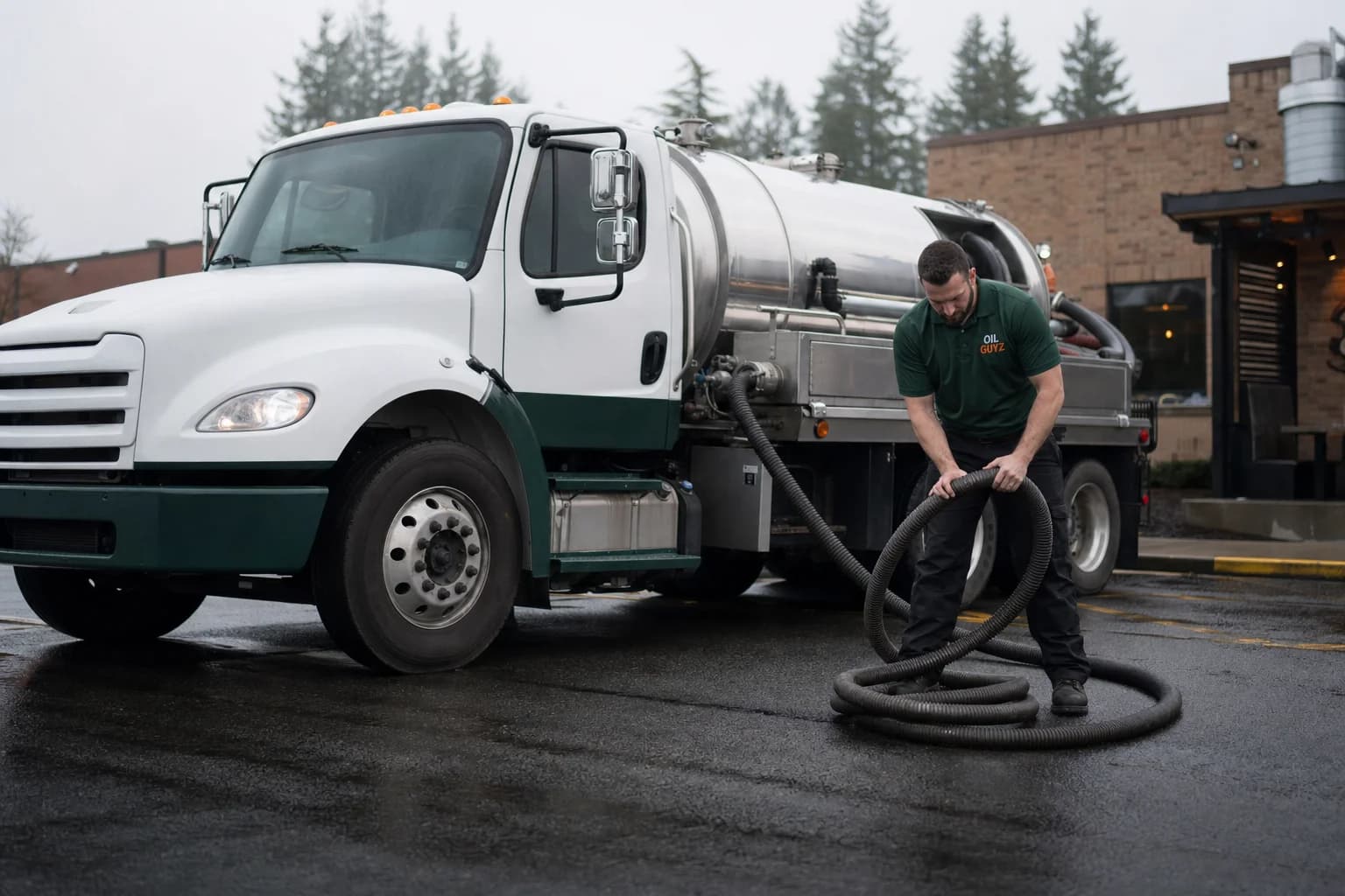 Free used cooking oil pickup at a Tumwater restaurant — unbranded white pump truck with hunter-green Oil Guyz technician