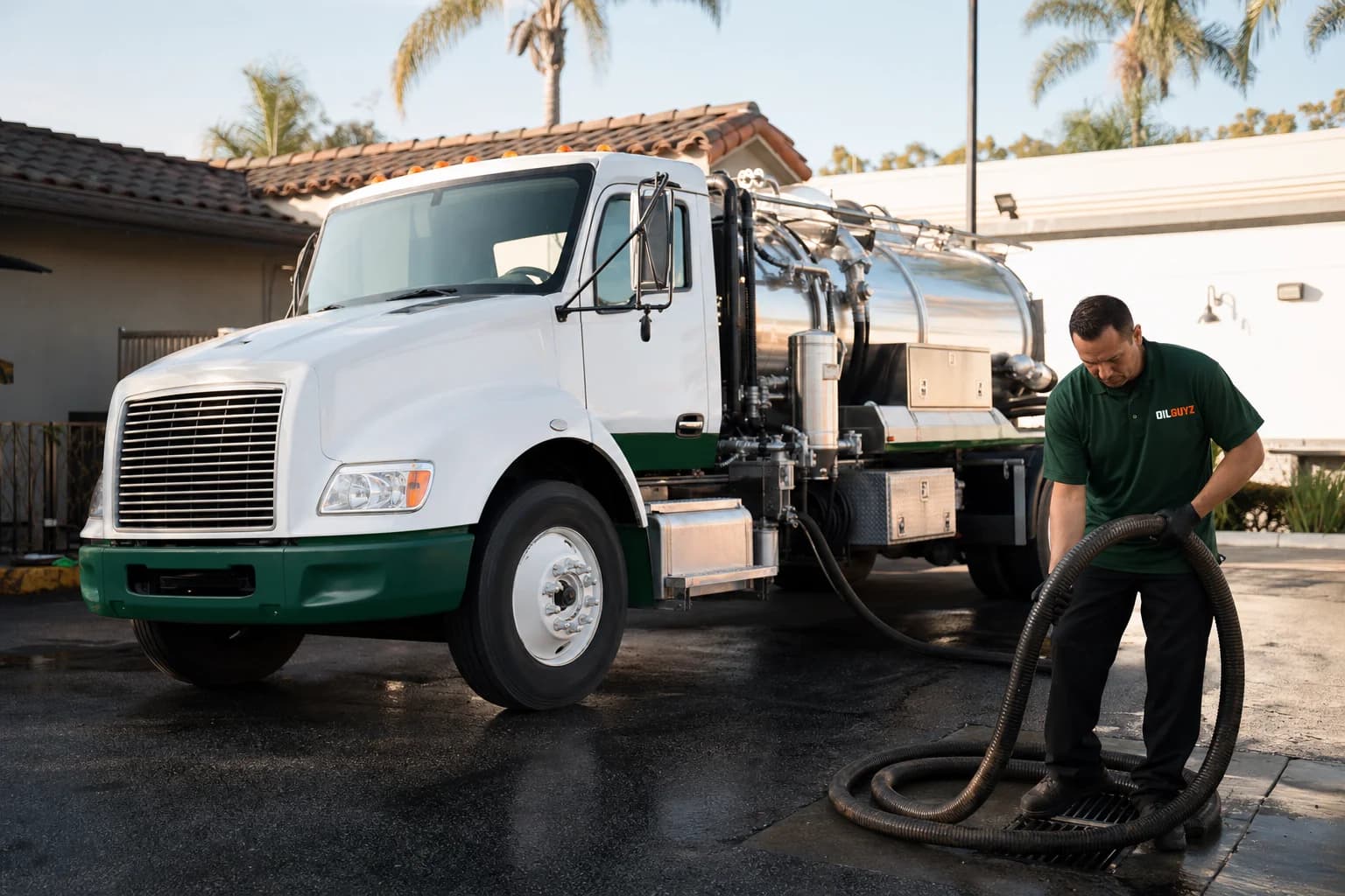 Free used cooking oil pickup at a Villa Park restaurant — unbranded white pump truck with hunter-green Oil Guyz technician