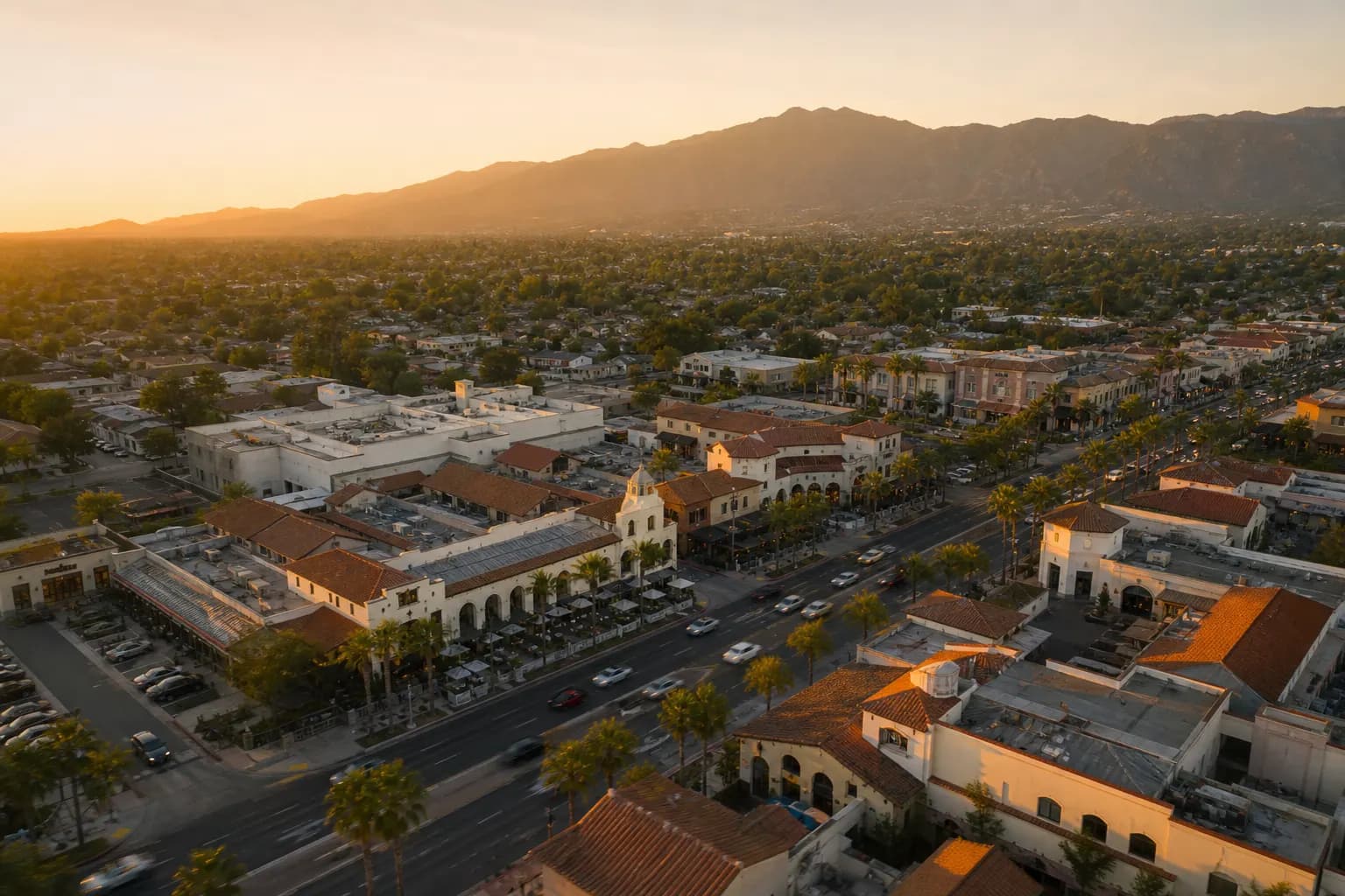 Aerial view of Villa Park restaurant district at golden hour