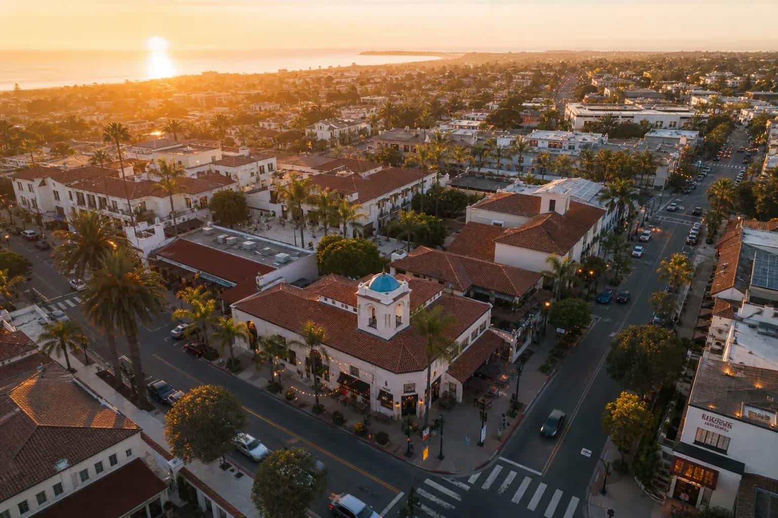 Aerial view of Vista restaurant district at golden hour