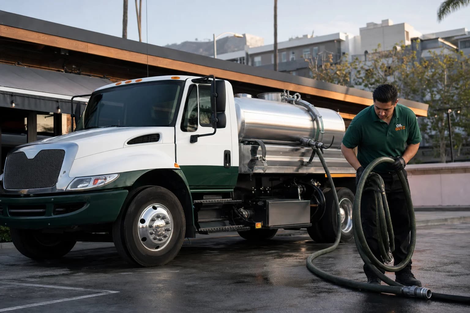 Free used cooking oil pickup at a Walnut restaurant — unbranded white pump truck with hunter-green Oil Guyz technician