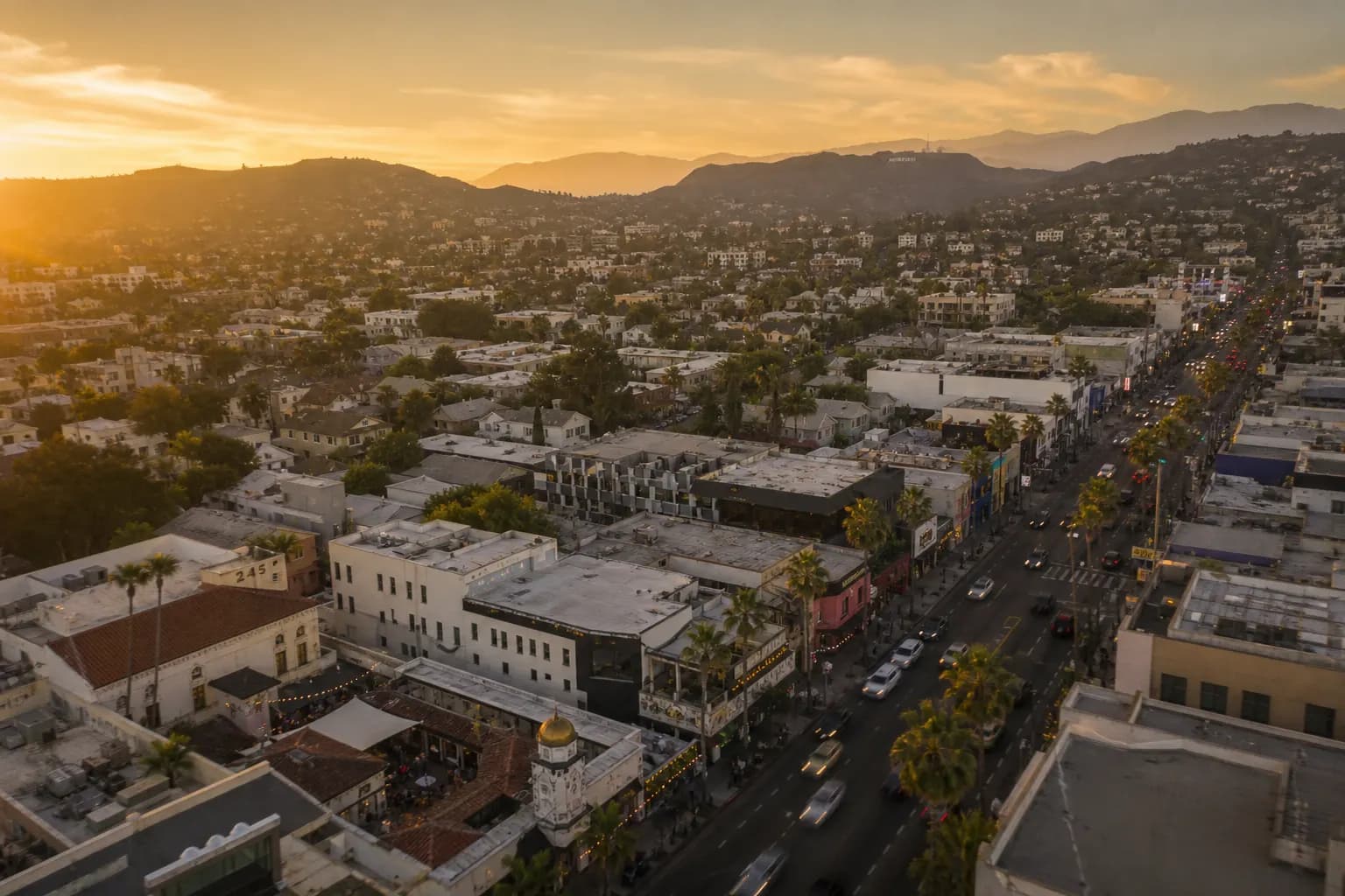 Aerial view of Walnut restaurant district at golden hour