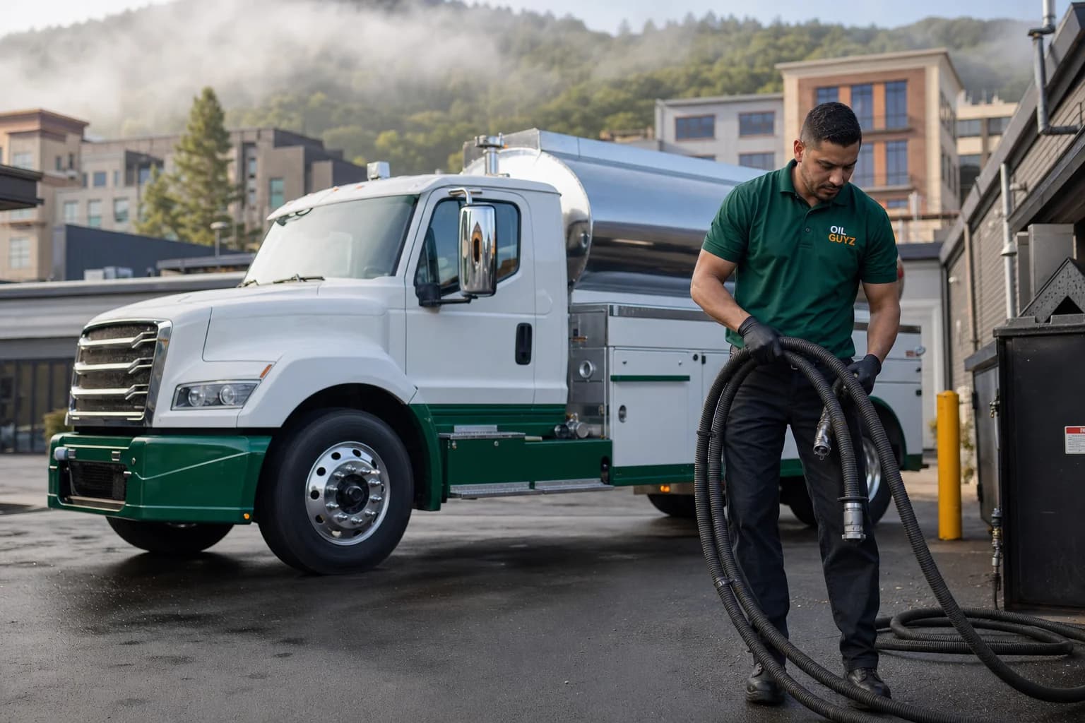 Free used cooking oil pickup at a Walnut Creek restaurant — unbranded white pump truck with hunter-green Oil Guyz technician