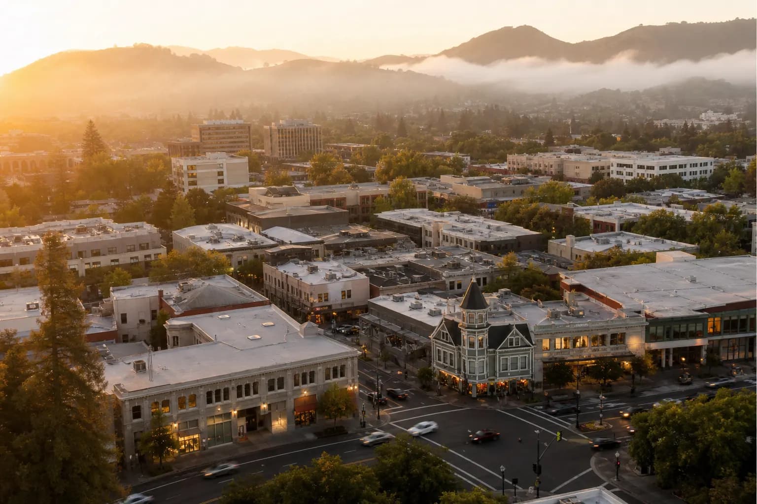 Aerial view of Walnut Creek restaurant district at golden hour