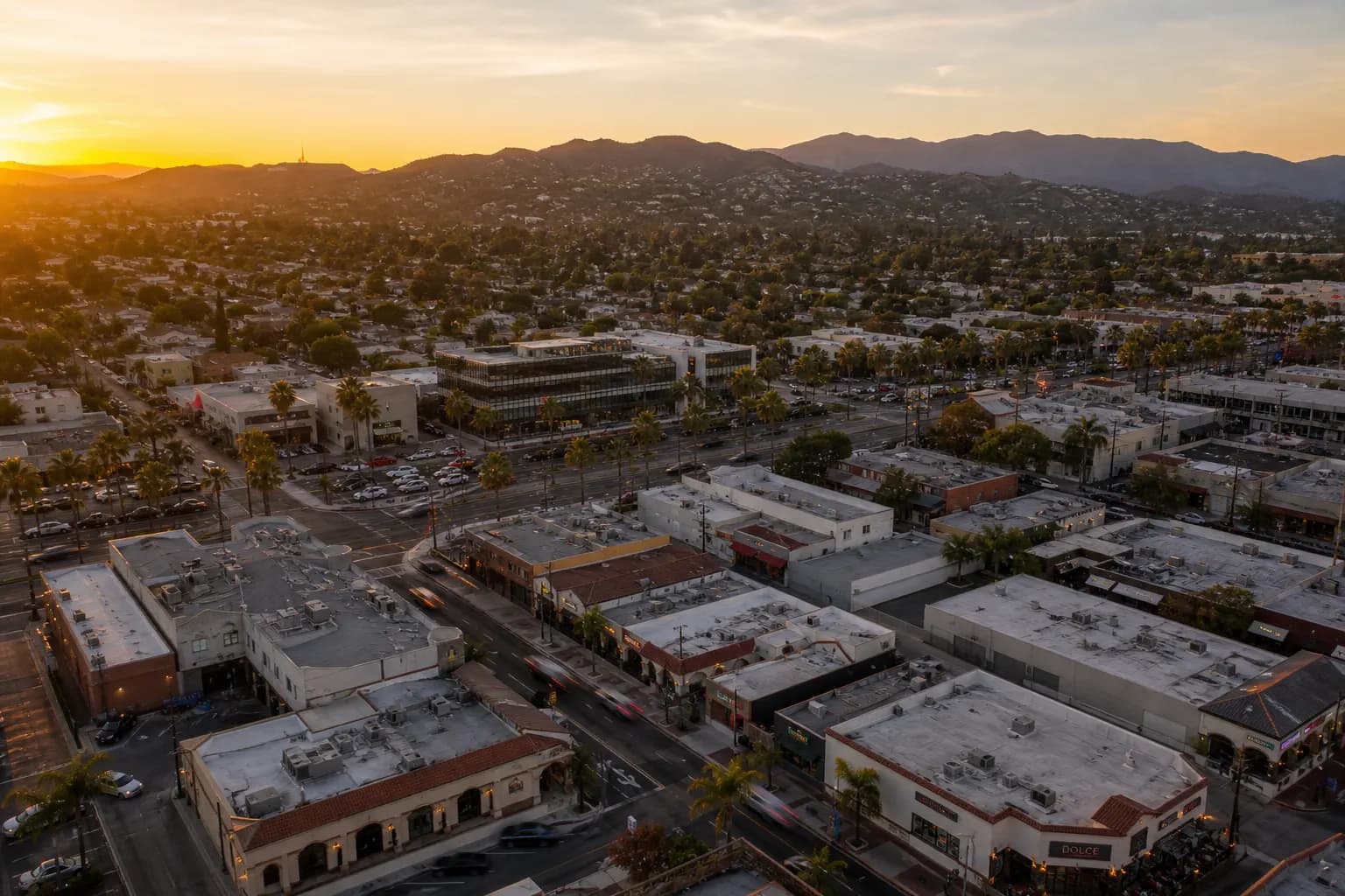 Aerial view of West Covina restaurant district at golden hour