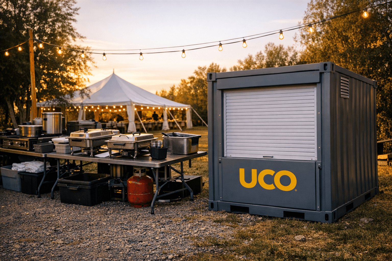 Portable grease collection container at a Southern California wedding venue