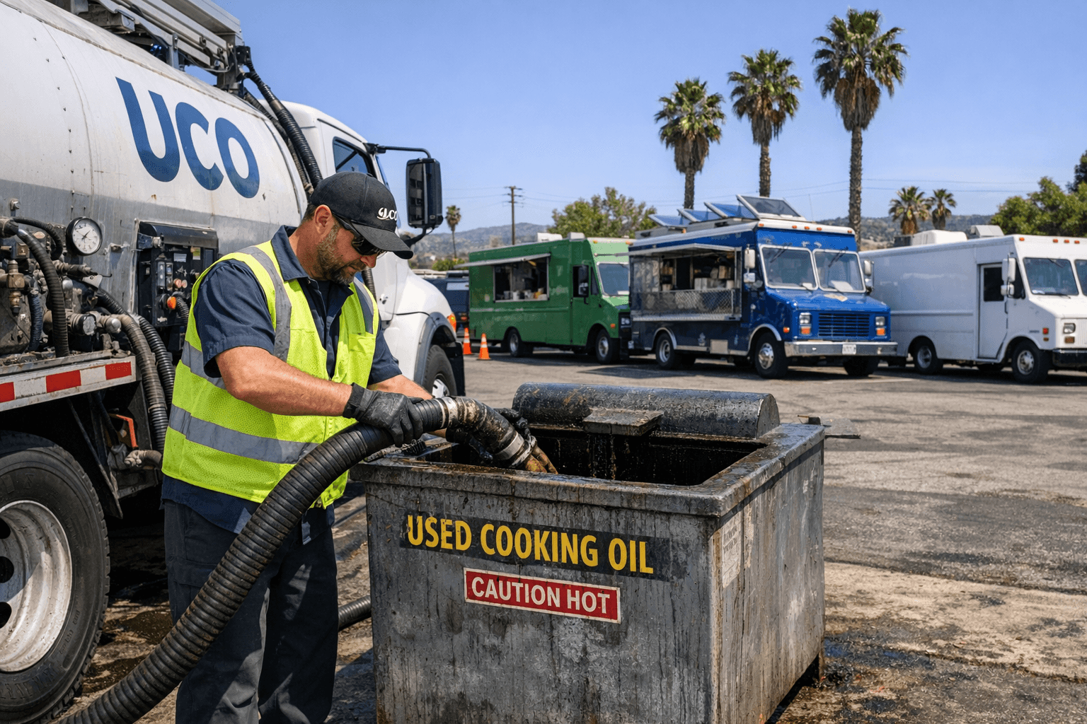 Grease pickup driver servicing a food truck commissary kitchen oil container in Southern California