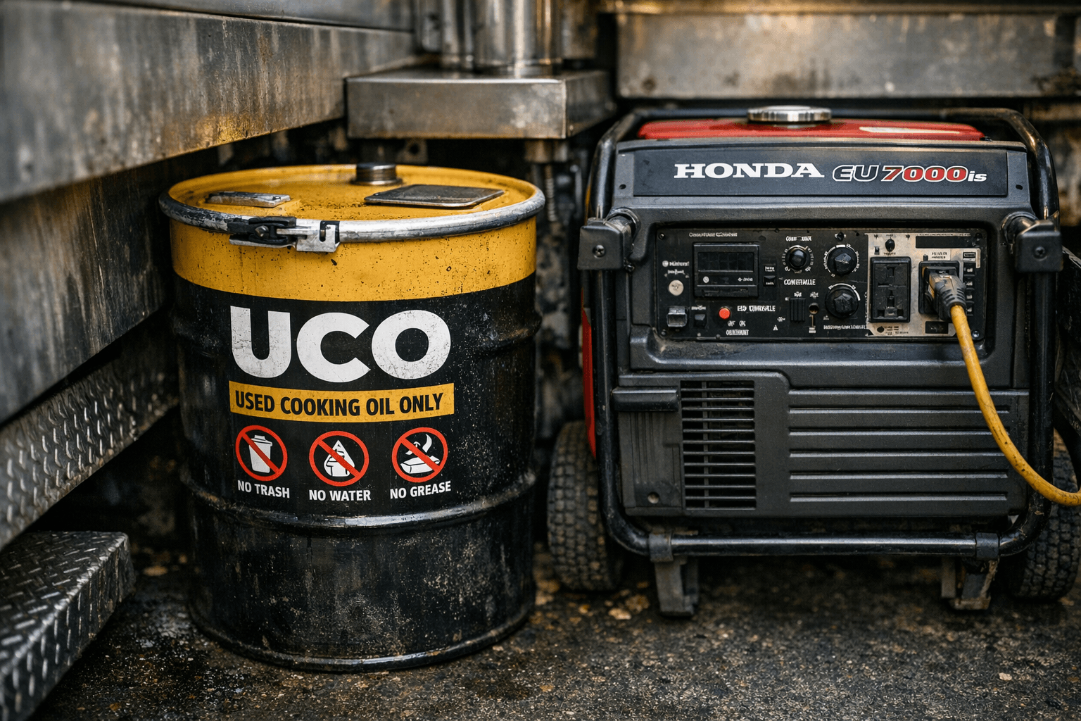 Compact grease collection container sized for food truck commissary kitchen operations