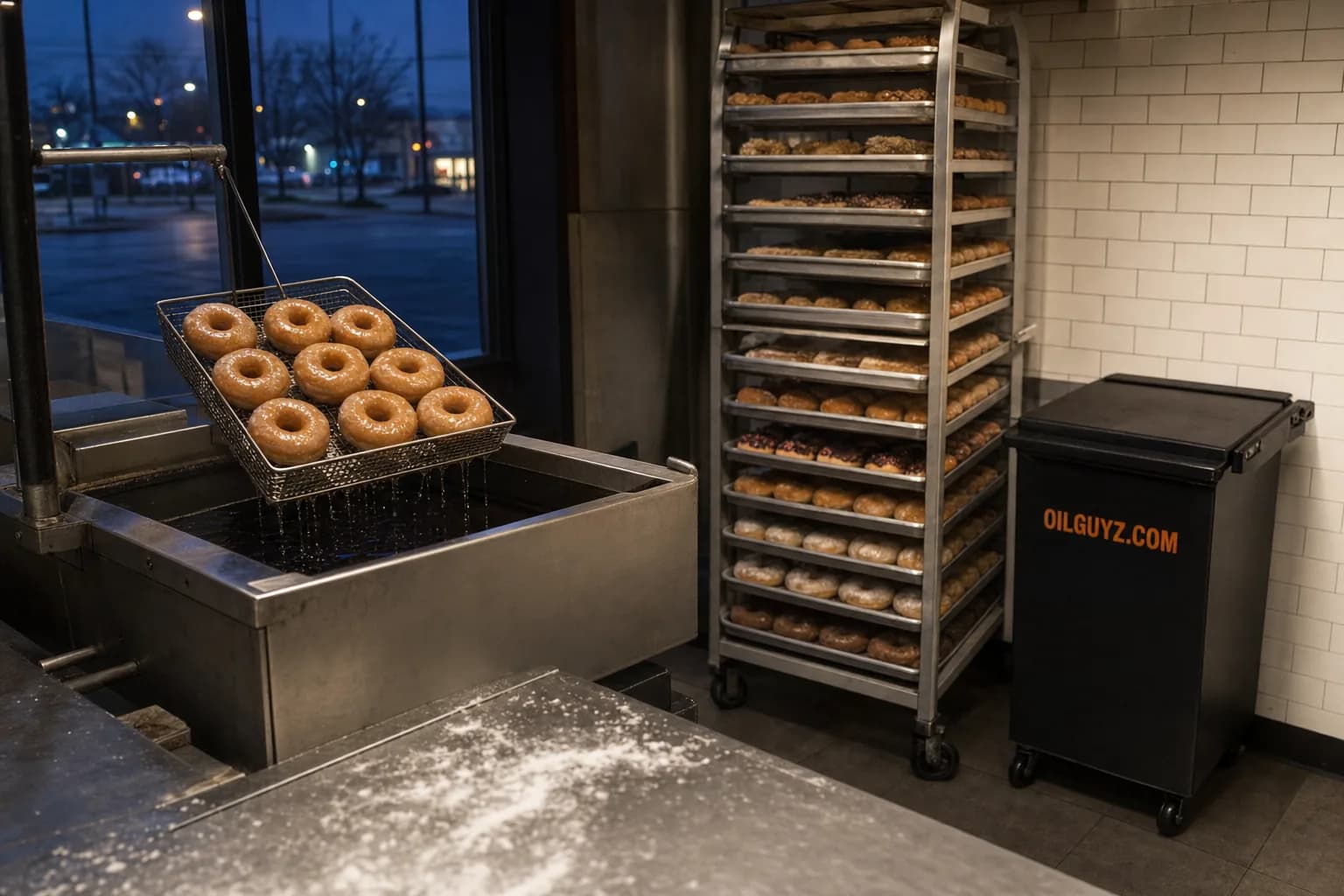 Commercial donut kettle and racks of fresh donuts in a bakery before dawn