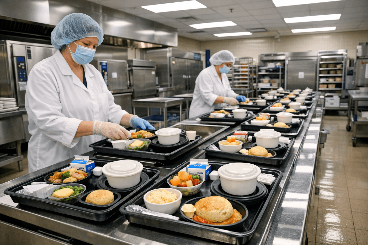 Hospital dietary kitchen with commercial cooking equipment and organized meal preparation area