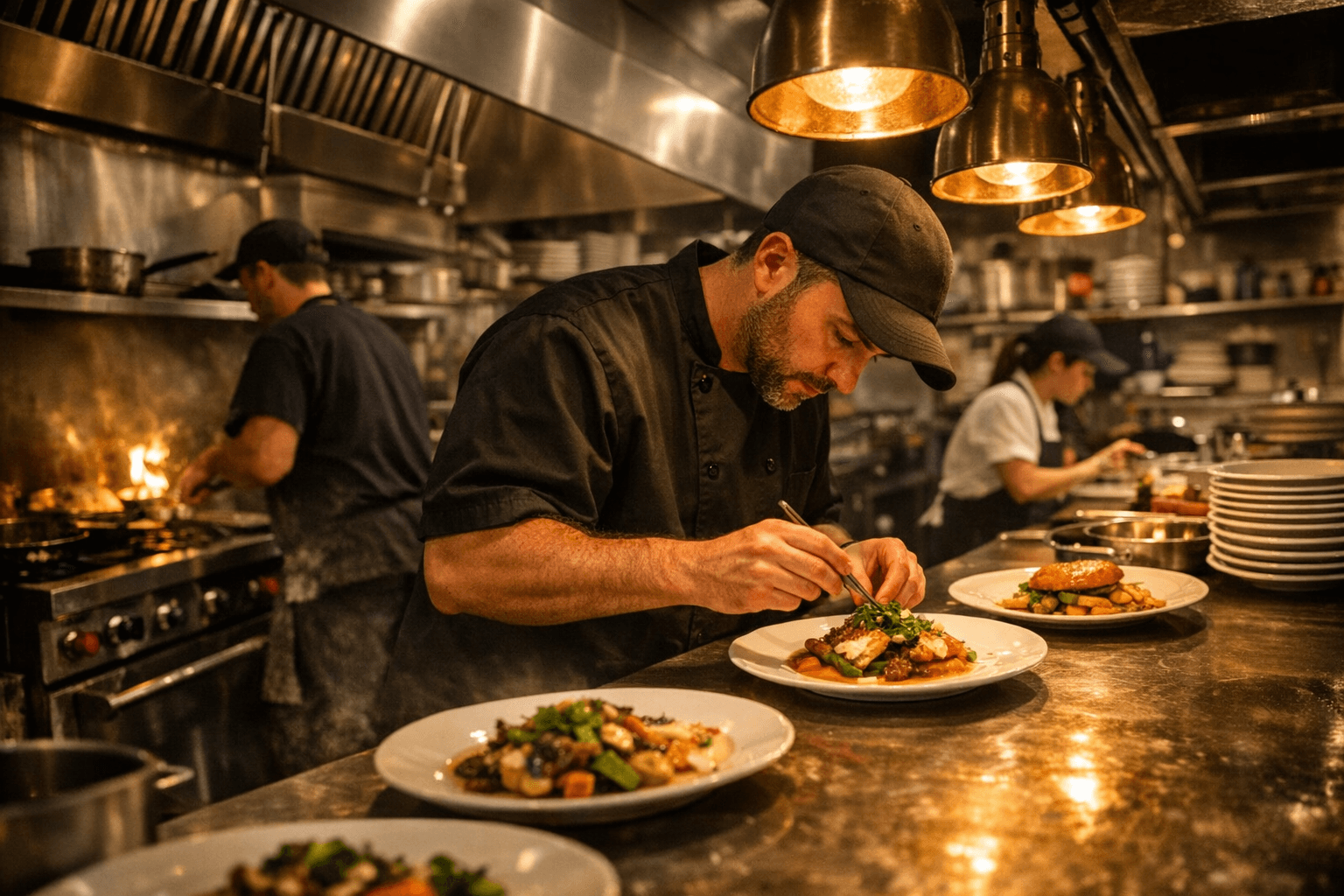 Busy restaurant kitchen with stainless steel equipment and grease collection container at the service exit