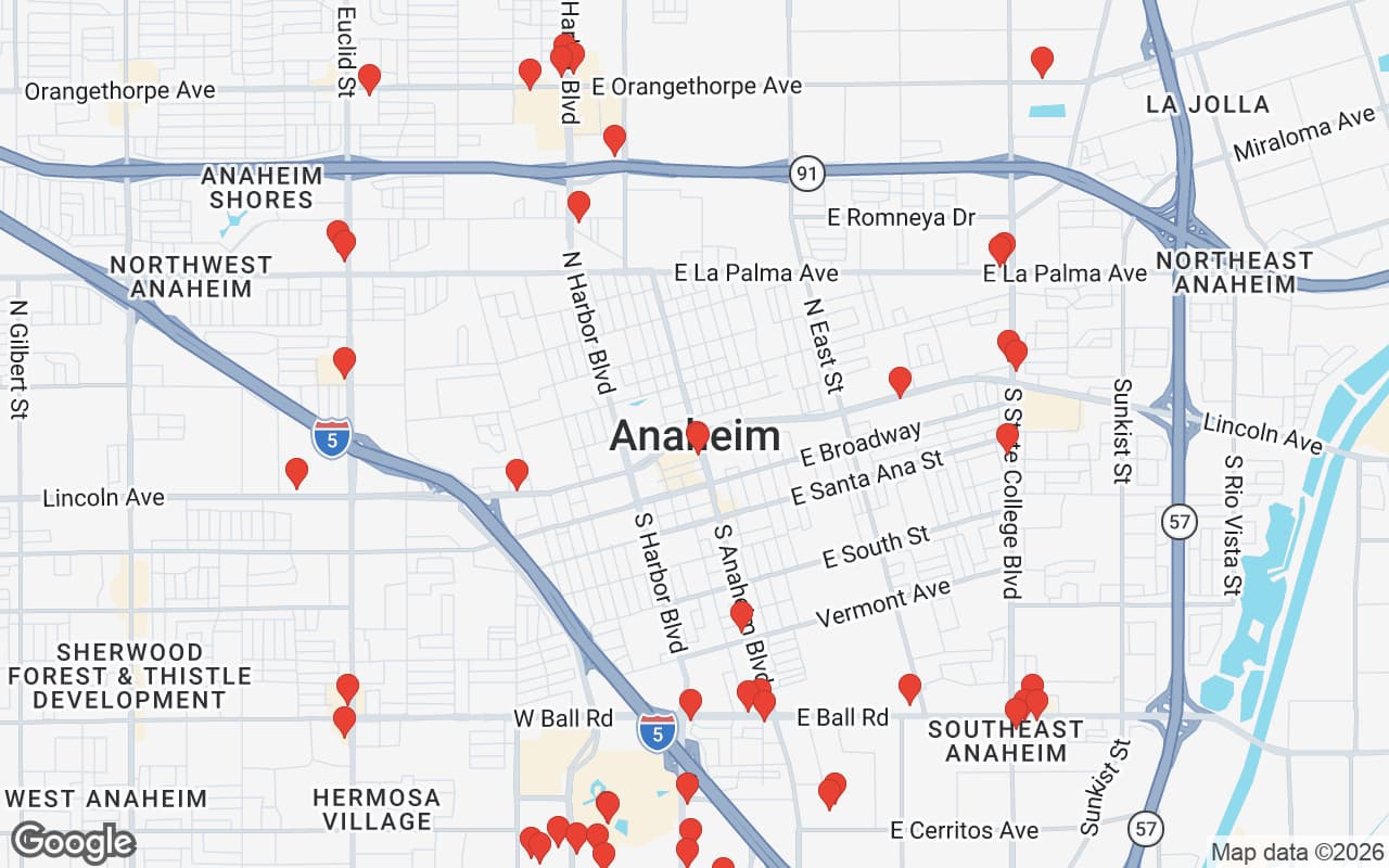 Map of Anaheim, CA showing 60 restaurant locations served by Oil Guyz free used cooking oil pickup