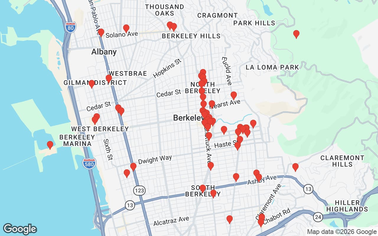 Map of Berkeley, CA showing 60 restaurant locations served by Oil Guyz free used cooking oil pickup