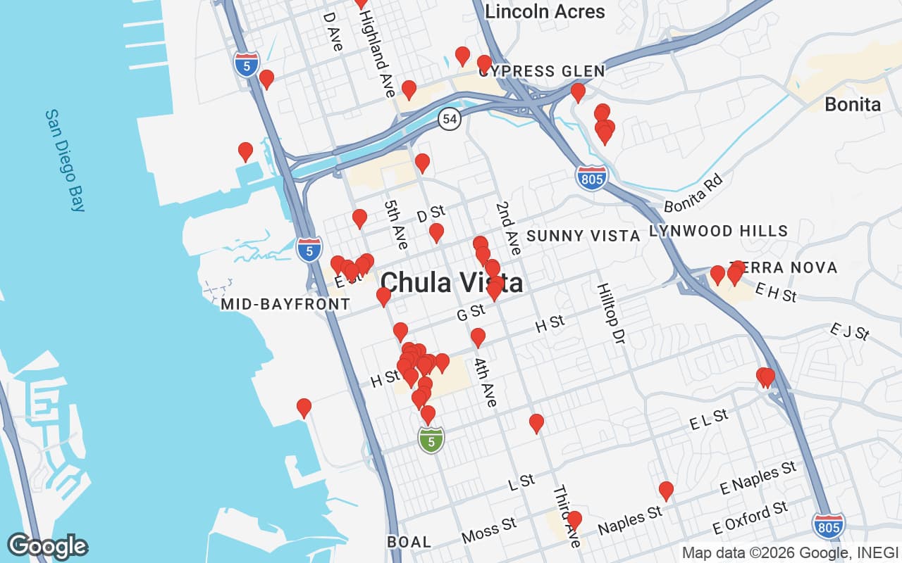 Map of Chula Vista, CA showing 60 restaurant locations served by Oil Guyz free used cooking oil pickup