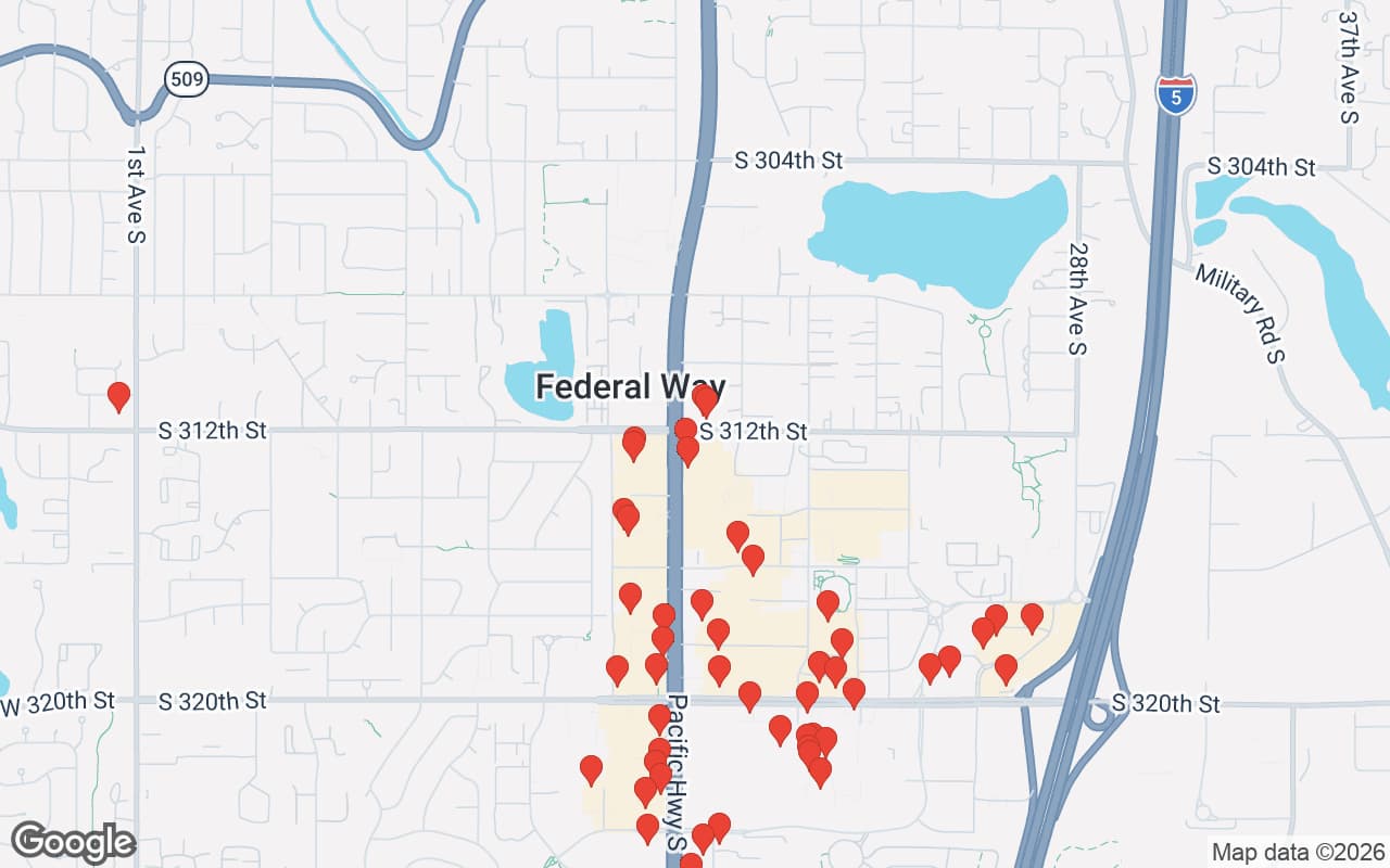 Map of Federal Way, WA showing 59 restaurant locations served by Oil Guyz free used cooking oil pickup