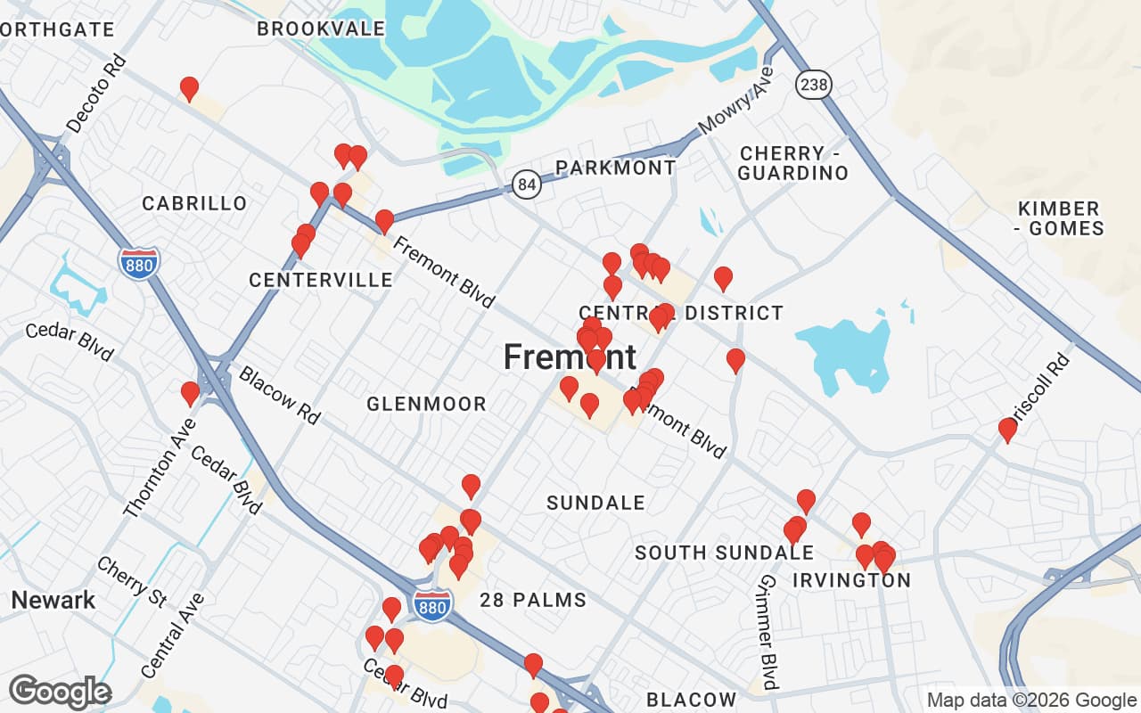 Map of Fremont, CA showing 60 restaurant locations served by Oil Guyz free used cooking oil pickup