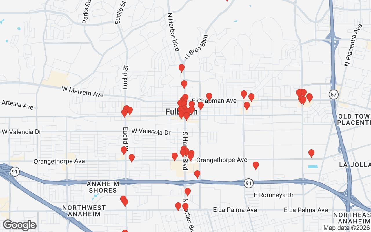 Map of Fullerton, CA showing 58 restaurant locations served by Oil Guyz free used cooking oil pickup