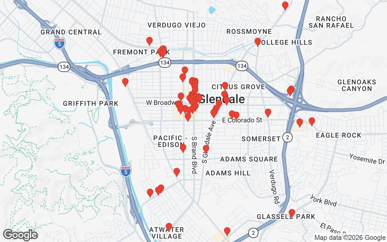 Map of Glendale, CA showing 60 restaurant locations served by Oil Guyz free used cooking oil pickup