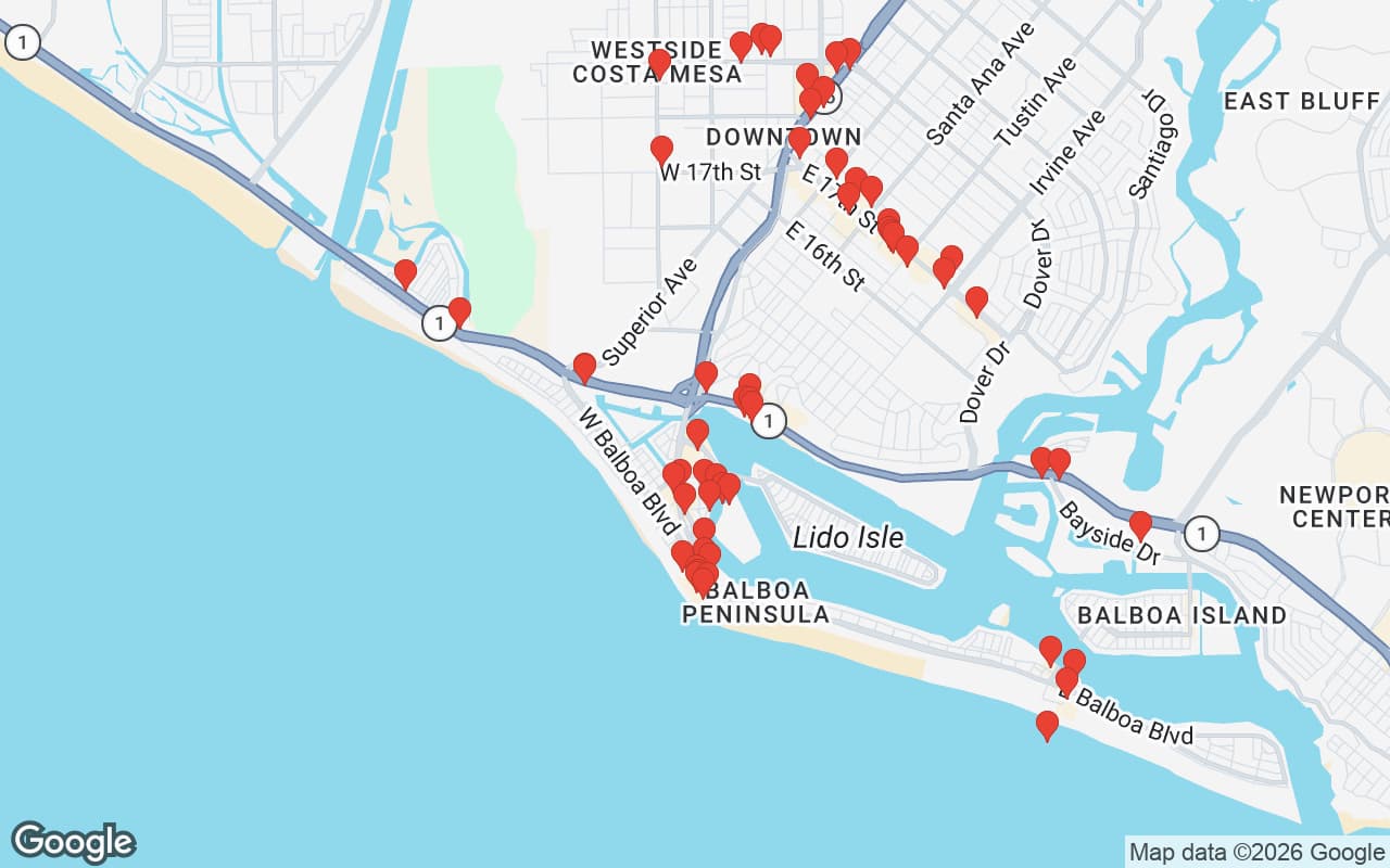 Map of Newport Beach, CA showing 60 restaurant locations served by Oil Guyz free used cooking oil pickup