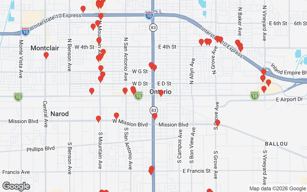 Map of Ontario, CA showing 59 restaurant locations served by Oil Guyz free used cooking oil pickup