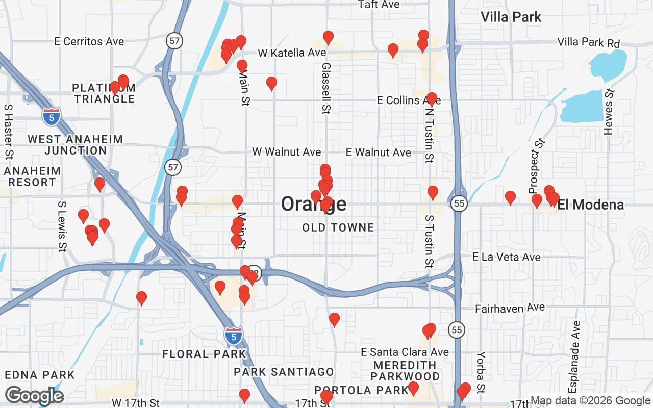 Map of Orange, CA showing 60 restaurant locations served by Oil Guyz free used cooking oil pickup